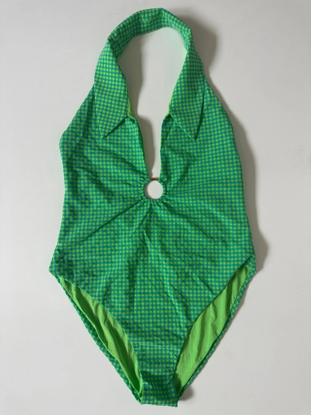 WeWoreWhat Green Gingham Collard Halter One-Piece Swimsuit